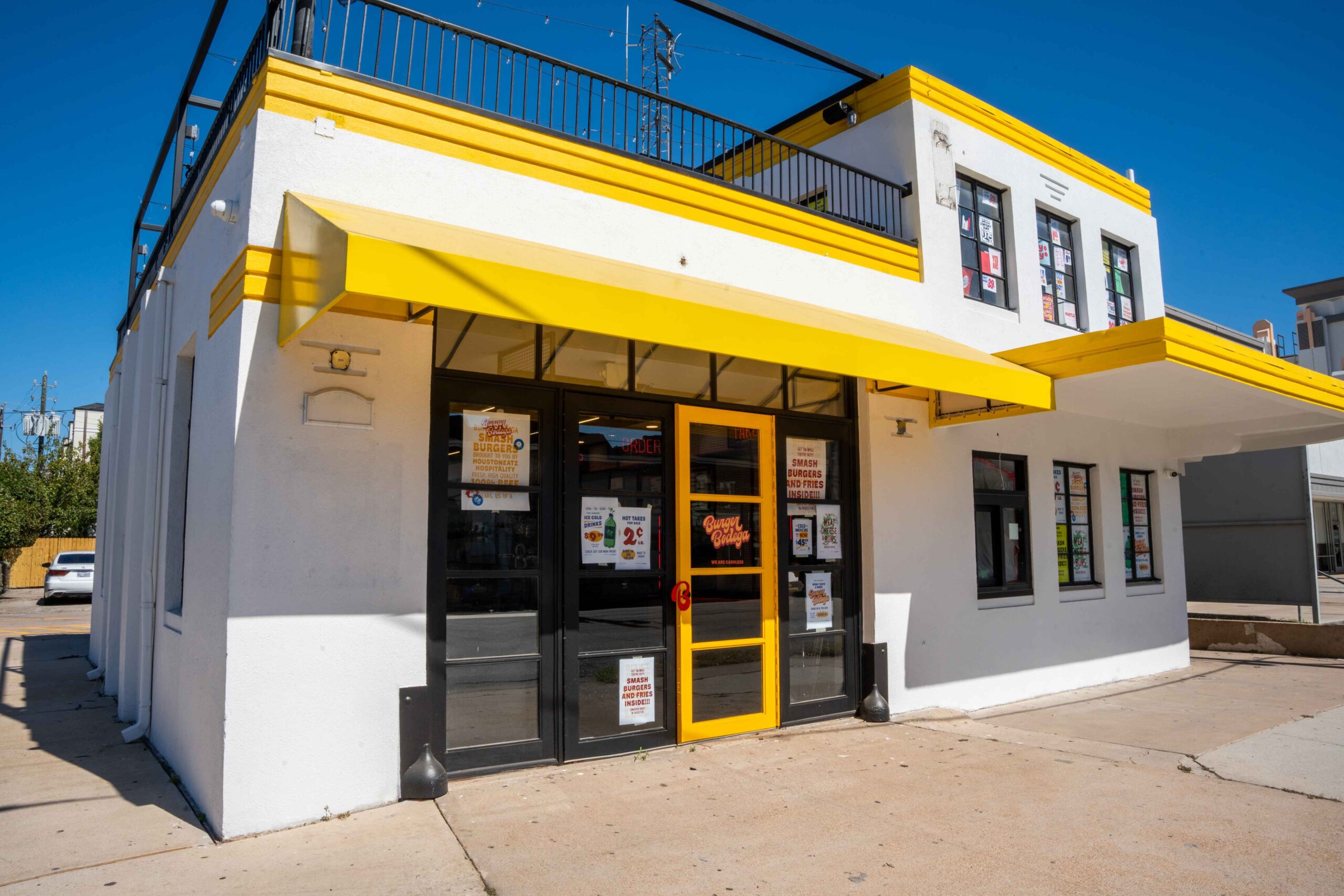 Exterior of Burger Bodega restaurant located in the Heights neighborhood of Houston Texas.